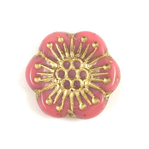 Czech pressed flower bead - Pink Mauve Gold - 18mm