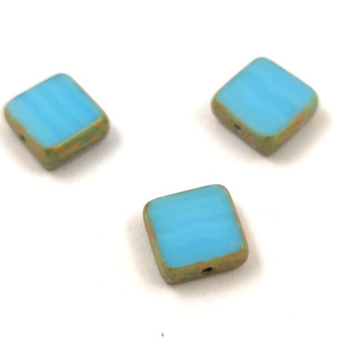 Cseh table cut gyöngy - hosszában fúrt négyzet - 63030-86720 - Turquoise Blue Gold - 10x10mm