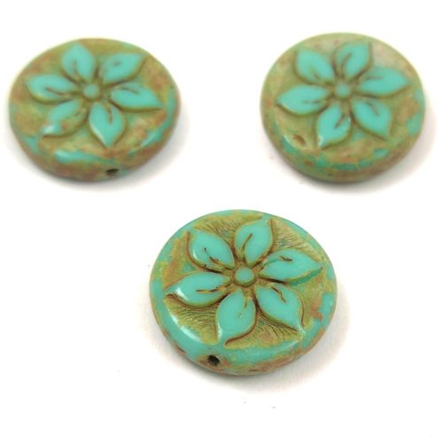 Cseh table cut gyöngy - virág mintás - Turquoise Green Matt Milky Terracotta - 63130-84311 - 18mm