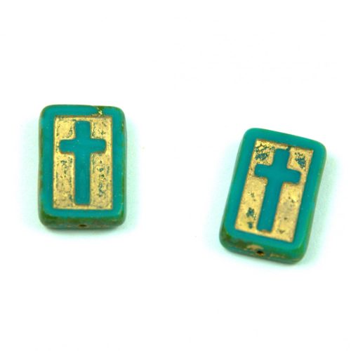 Czech Table Cut Bead - Cross-Drilled Rectangle - Cross - Turquoise Green Gold - 17 x 11 x 4mm