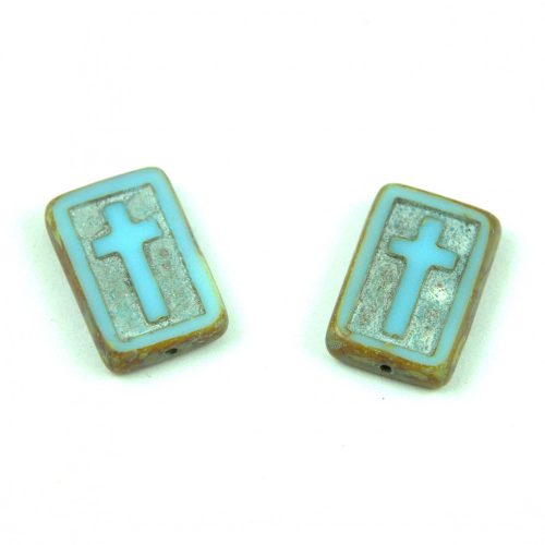 Czech Table Cut Bead - Cross-Drilled Rectangle - Cross - Turquoise Blue Picasso - 17 x 11 x 4mm