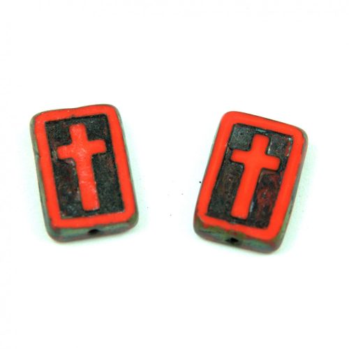 Czech Table Cut Bead - Cross-Drilled Rectangle - Cross - Red Picasso - 17 x 11 x 4mm