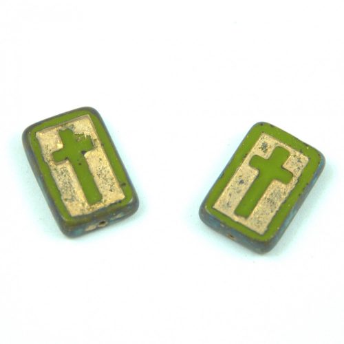 Czech Table Cut Bead - Cross-Drilled Rectangle - Cross - Green Gold - 17 x 11 x 4mm