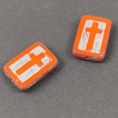 Czech Table Cut Bead - Cross-Drilled Rectangle - Cross - Orange Silver - 17 x 11 x 4mm