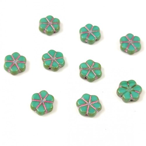 Czech Table Cut Bead - Cross-Drilled - Flower - Turquoise Green Picasso Violet - 10mm