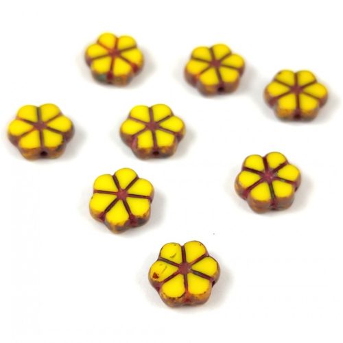 Cseh table cut gyöngy - hosszában fúrt virág - Yellow Picasso Copper - 10mm
