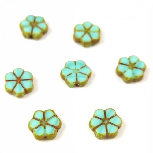 Czech Table Cut Bead - Cross-Drilled - Flower - Turquoise Blue Picasso - 10mm