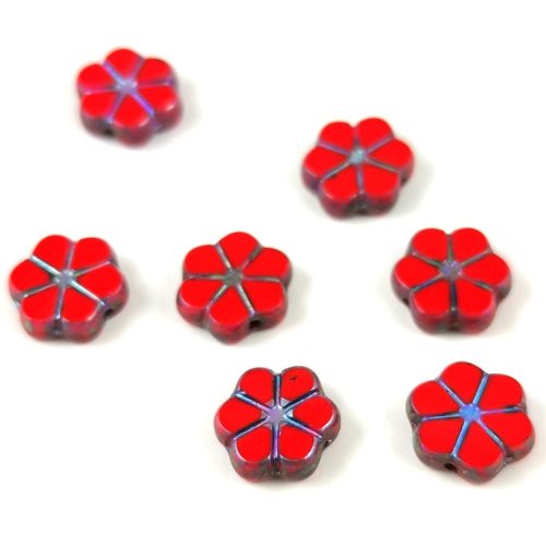 Czech Table Cut Bead - Cross-Drilled - Flower - Red Picasso AB - 10mm