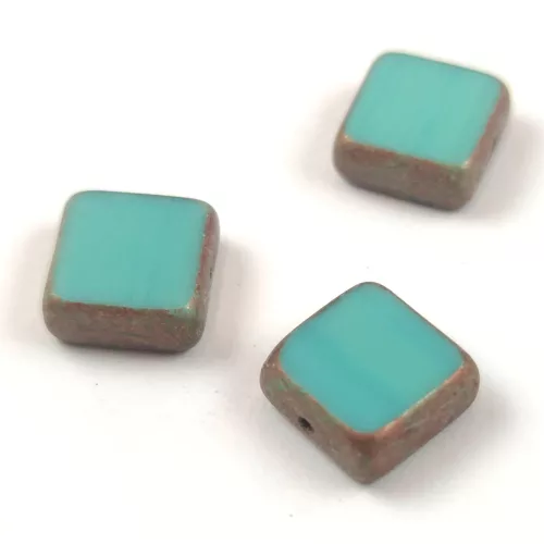Cseh table cut gyöngy - hosszában fúrt négyzet - Turquoise Green Copper - 10x10mm