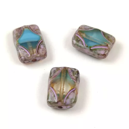 Cseh table cut gyöngy - hosszában fúrt mintás tégla - Purple Spotted Milky Aqua Travertine - 12x8mm