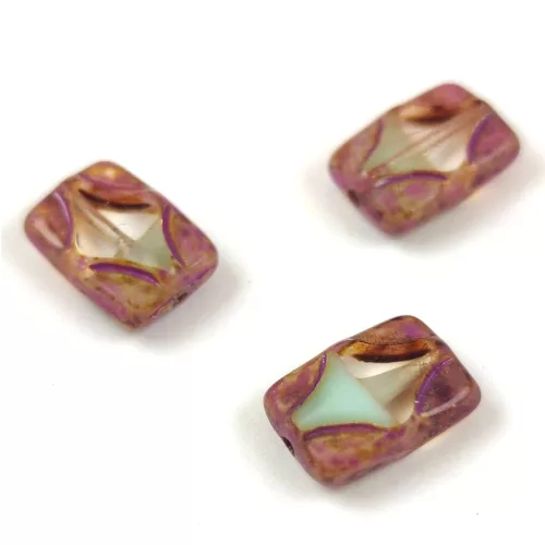 Cseh table cut gyöngy - hosszában fúrt mintás tégla - Pink Spotted Milky Mint Travertine - 12x8mm
