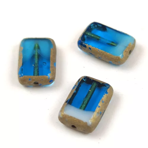 Cseh table cut gyöngy - hosszában fúrt tégla - Aqua Antique Gold - 12x8mm