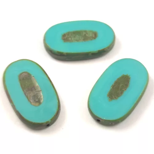 Cseh table cut gyöngy - ovális - Turquoise Green Travertine - 26x15mm