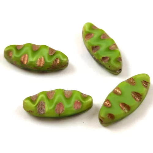 Cseh table cut gyöngy - hosszában fúrt ovális mintás - Opal Green Copper Travertine - 18x7mm