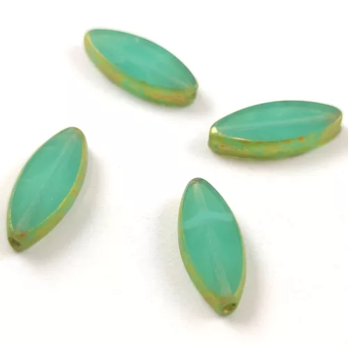 Cseh table cut gyöngy - hosszában fúrt ovális mintás - Opal Turquoise Green Gold Travertine - 18x7mm