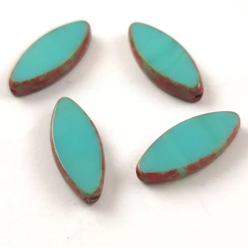 Cseh table cut gyöngy - hosszában fúrt ovális mintás - Turquoise Green Travertine Red - 18x7mm