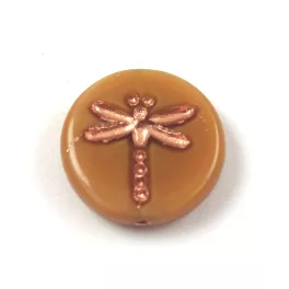   Cseh table cut gyöngy - hosszában fúrt kerek szitakötő mintás - Cream Brown Copper - 17 mm