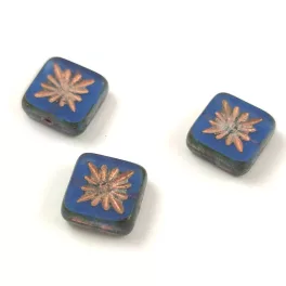   Cseh table cut gyöngy - hosszában fúrt napsugaras négyzet - Sapphire Travertine Gold - 10x10mm