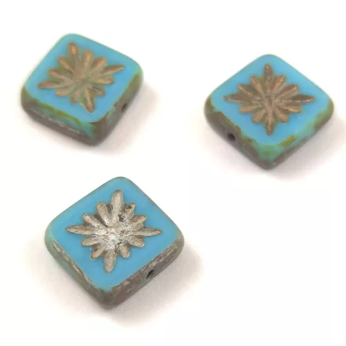 Cseh table cut gyöngy - hosszában fúrt napsugaras négyzet - Turquoise Blue Travertine Silver - 10x10mm