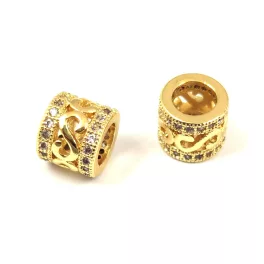   Metallic bead - Cilinder - Gold Colour - Crystal Zircon deco - 7x8mm
