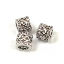   Metallic bead - Cilinder - Silver Colour - Crystal Zircon deco - 7x8mm