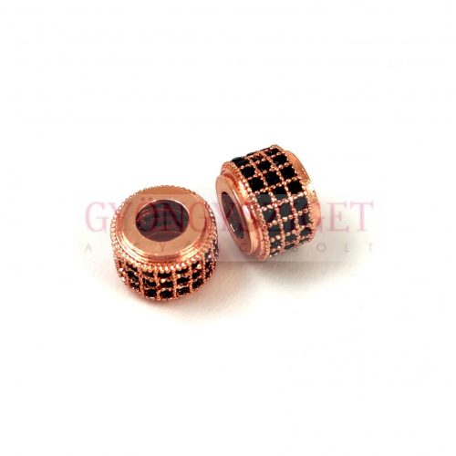 Fém gyöngy - Henger - Rose Gold színű - fekete cirkóniás - 10x6mm