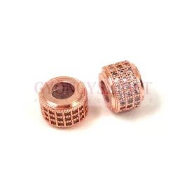  Metallic bead - Cilinder - Rose Gold Colour - Crystal Zircon deco - 10x6mm