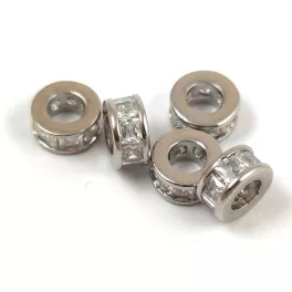   Metallic bead - Cilinder - Platinum Colour - Crystal Zircon deco - 6 x 3.5 mm