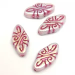 Czech Pressed Arabesque Glass Beads - Alabaster AB Fuchsia - 19x9mm