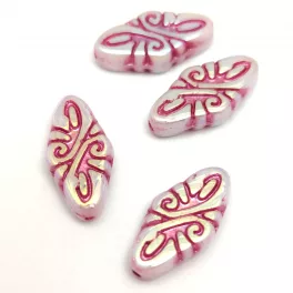   Czech Pressed Arabesque Glass Beads - Alabaster AB Fuchsia - 19x9mm
