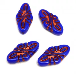   Czech Pressed Arabesque Glass Beads - Sapphire Copper - 19x9mm