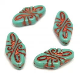   Czech Pressed Arabesque Glass Beads - Turquoise Copper - 19x9mm