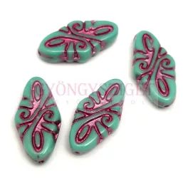   Czech Pressed Arabesque Glass Beads - Turquoise Violet - 19x9mm