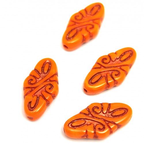 Czech Pressed Arabesque Glass Beads - Orange Copper - 19x9mm