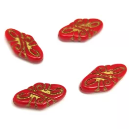 Czech Pressed Arabesque Glass Beads - Red Gold - 19x9mm