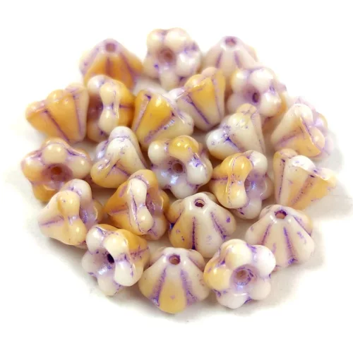 Cseh préselt virág gyöngy - harangvirág - Alabaster Beige Purple - 4x6mm - 20+2db