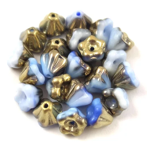 Cseh préselt virág gyöngy - harangvirág - Alabaster Light Sapphire Amber - 4x6mm - 20+2db