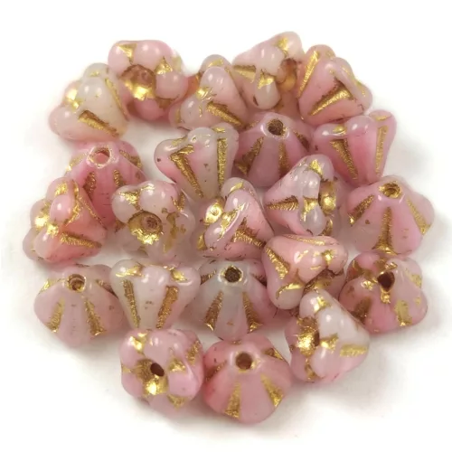 Cseh préselt virág gyöngy - harangvirág - Opal Rose Gold - 4x6mm - 20+2db