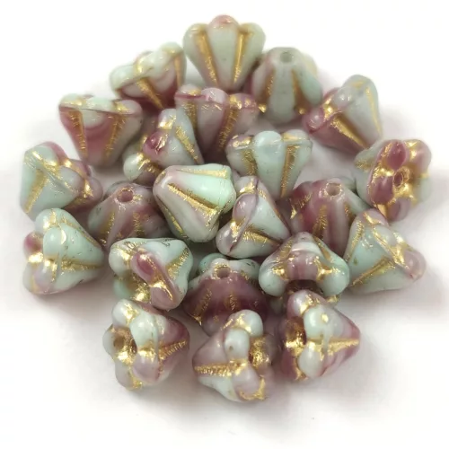 Cseh préselt virág gyöngy - harangvirág - Turquoise Amethyst Gold - 4x6mm - 20+2db