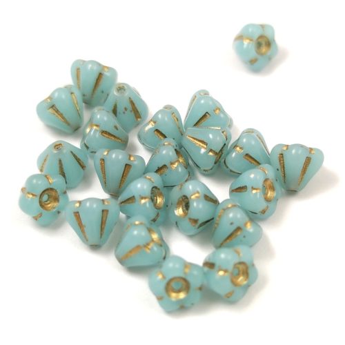 Cseh préselt virág gyöngy - harangvirág - Opal Aqua Gold - 4x6mm - 20+2db