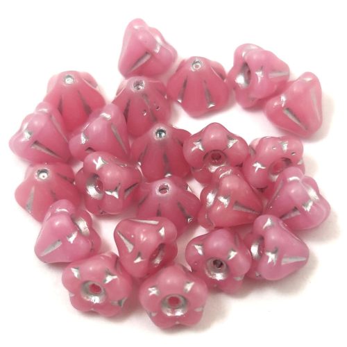 Czech pressed flower bead - Bluebell - Opal Pink Silver - 4x6mm