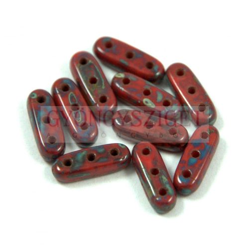 Czech Mates Beam - 3hole  - Red Coral Picasso - 3x10mm