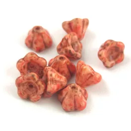   Czech pressed flower bead - Bluebell - Alabaster Travertine Orange Spotted - 6x8mm