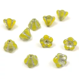   Czech pressed flower bead - Bluebell - Green Blend Silver - 6x8mm