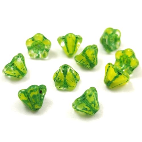 Cseh préselt virág gyöngy - harangvirág - Green Blend - 6x8mm