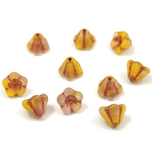 Cseh préselt virág gyöngy - harangvirág - Matt Yellow Blend Copper - 6x8mm