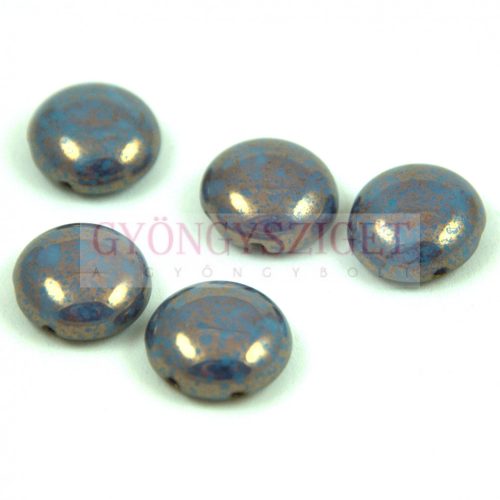 Candy - Czech 2 Hole Pressed Glass Bead - Turquoise Blue Bronze Luster - 12mm