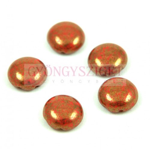 Candy - Czech 2 Hole Pressed Glass Bead - Red Coral Bronze Luster - 12mm