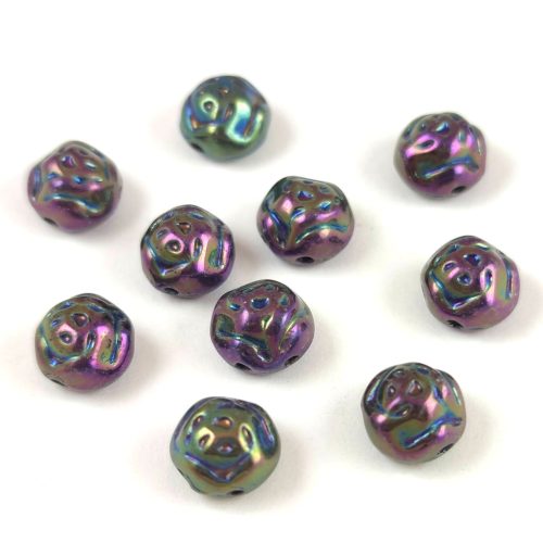 Candy Rose - Czech Pressed Glass Bead - Jet Metallic Purple Iris - 8mm