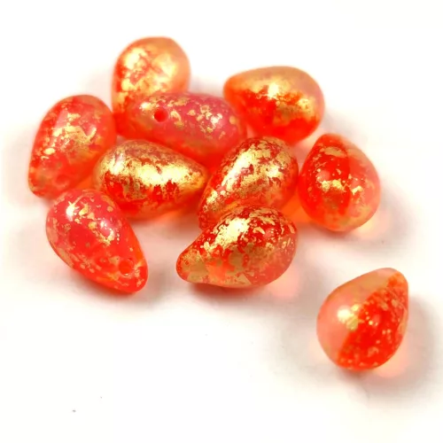 Cseh préselt csepp gyöngy - Opal Orange Gold Splash - 6x9mm (tetején fúrt)